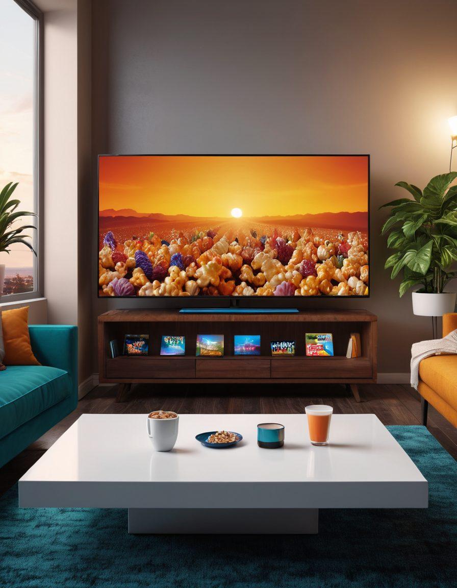 A futuristic living room setting with a cozy sofa and a large screen displaying various vibrant video thumbnails representing different genres (thriller, comedy, documentary). Include elements like popcorn and a remote control on a stylish coffee table, with soft ambient lighting creating a welcoming atmosphere. Overlay digital icons of streaming platforms subtly around the screen. super-realistic. vibrant colors. 3D.