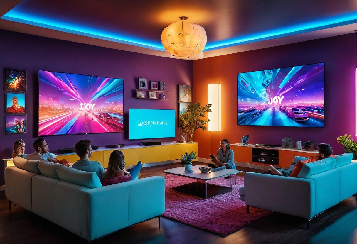 A futuristic living room filled with diverse individuals enjoying live and on-demand streaming entertainment on various screens. Show elements of joy and connection, with colorful streaming icons floating around. The room is adorned with plush furniture and vibrant decor, conveying a sense of comfort and excitement. Include dynamic light effects to symbolize the energy of entertainment streaming. super-realistic. vibrant colors. 3D.