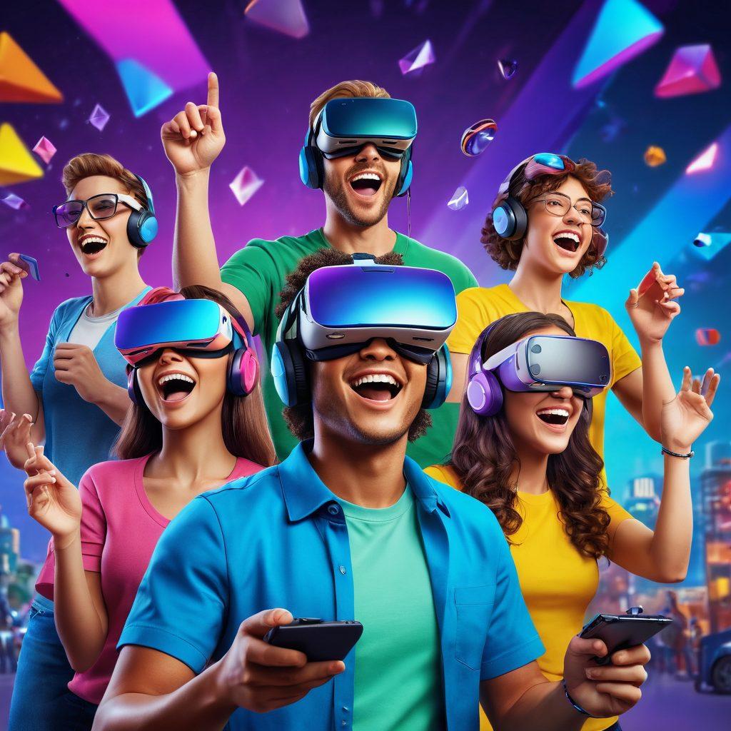 A vibrant and dynamic scene depicting a diverse group of people engaged in various forms of interactive media, such as gaming, virtual reality, and social streaming. Include elements like colorful game graphics, cheerful facial expressions, and technology accessories. The background should be lively and reminiscent of a digital landscape filled with joy and creativity. super-realistic. vibrant colors. 3D.